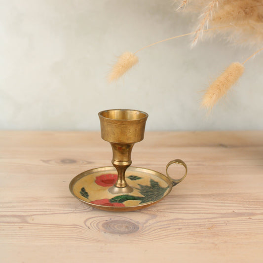 Brass and Enamel Candlestick Holder with Handle