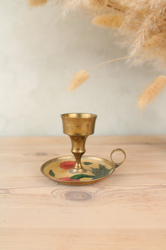Brass and Enamel Candlestick Holder with Handle