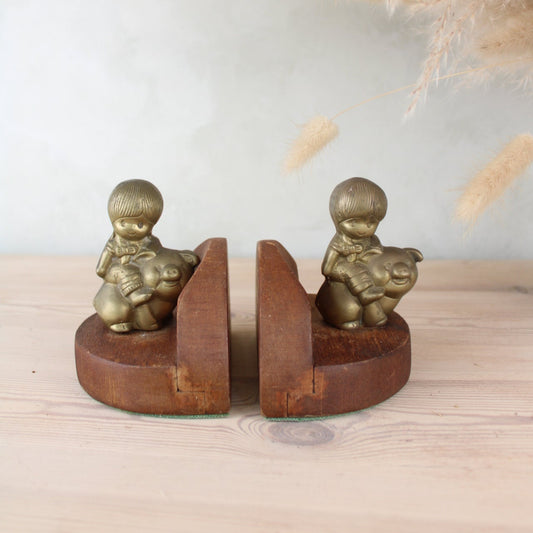 Boy and Pig Cute Wood and Brass Bookends