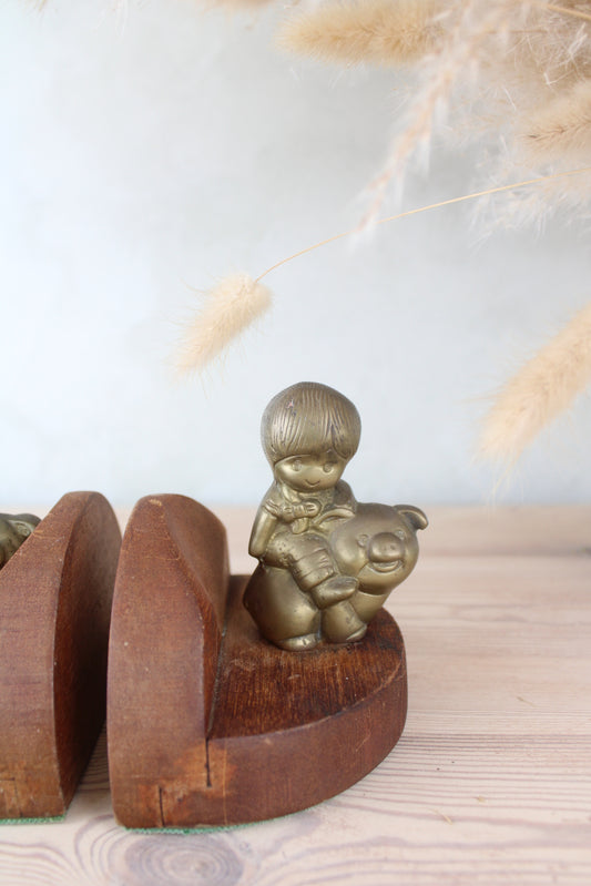 Boy and Pig Cute Wood and Brass Bookends